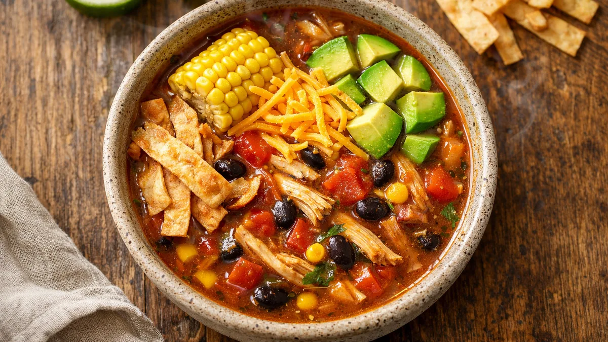 Alexis’ Tortilla Soup with Sweet Corn, Avocado, and Cheddar