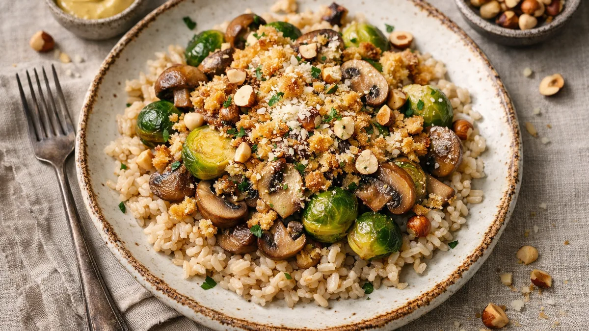 Brussels Sprout Crumble with Mushrooms, Parmesan Breadcrumbs, and Hazelnuts