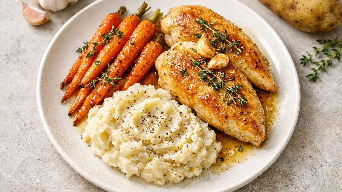 Butter-Basted Chicken with Cacio e Pepe Mashed Potatoes and Thyme-Roasted Carrots
