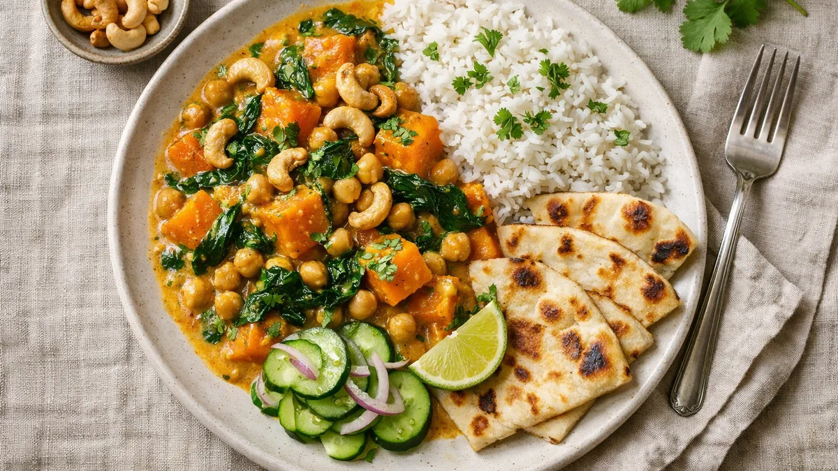 Butternut Squash Curry with Chickpeas, Spinach, and Cashews