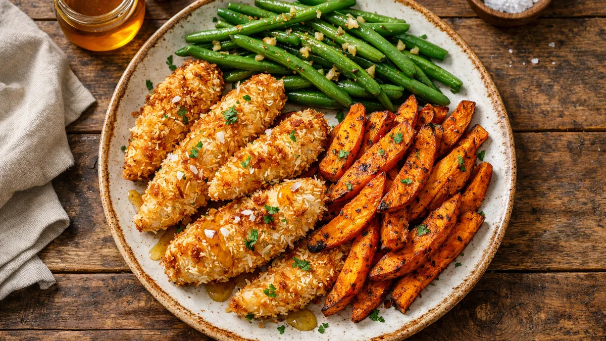 Coconut-Crusted Chicken Fingers with Garlic Green Beans and Spiced Sweet Potato Fries