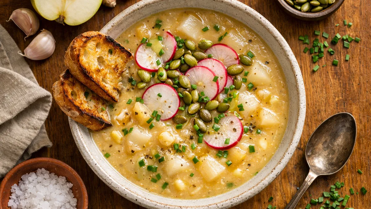 Creamy Pear and Turnip Soup with Radish, Pepitas, and Toasted Baguette