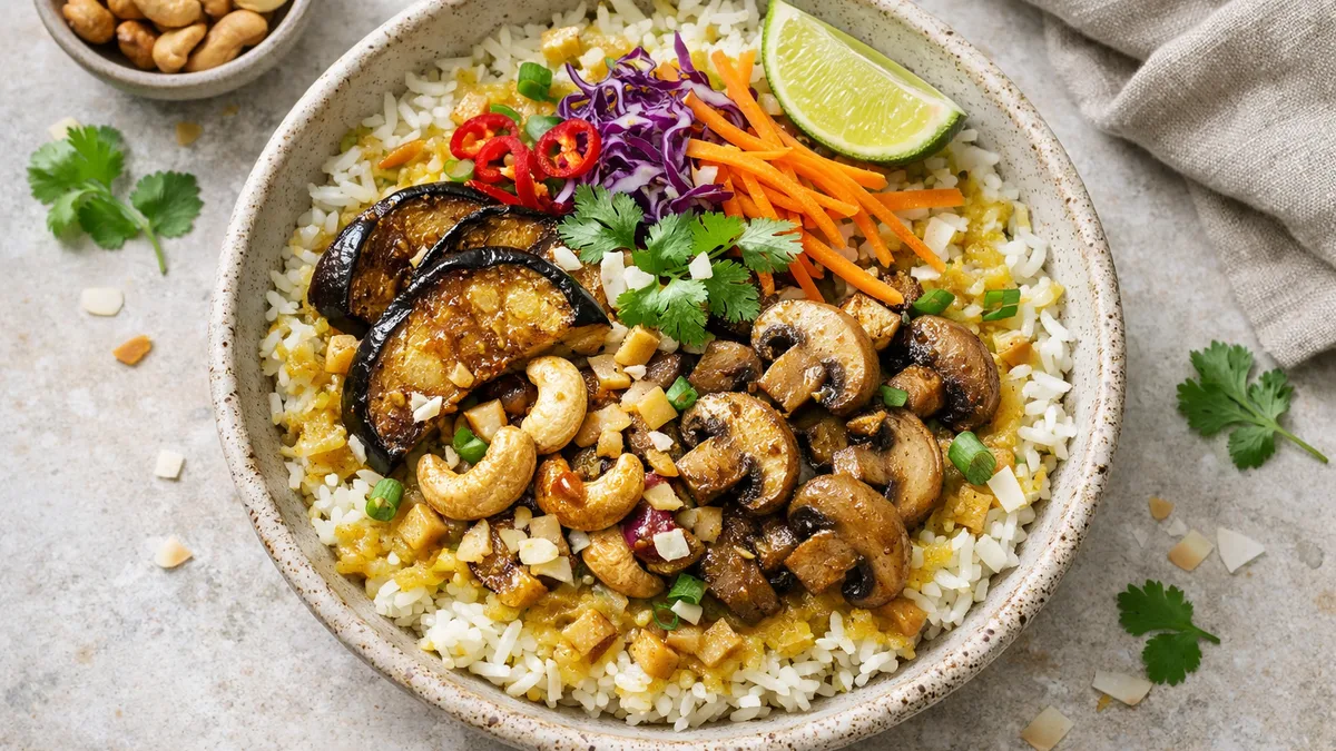 Curried Thai Rice Bowl with Roasted Eggplant, Mushrooms, and Toasted Cashews
