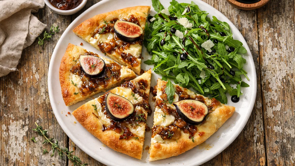 Fig & Brie Flatbread with Thyme-Caramelized Onions and Balsamic-Arugula Salad