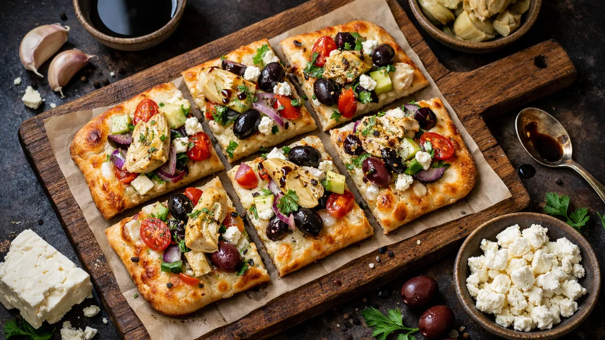 Greek Salad Flatbread with Olives, Artichokes, and Feta