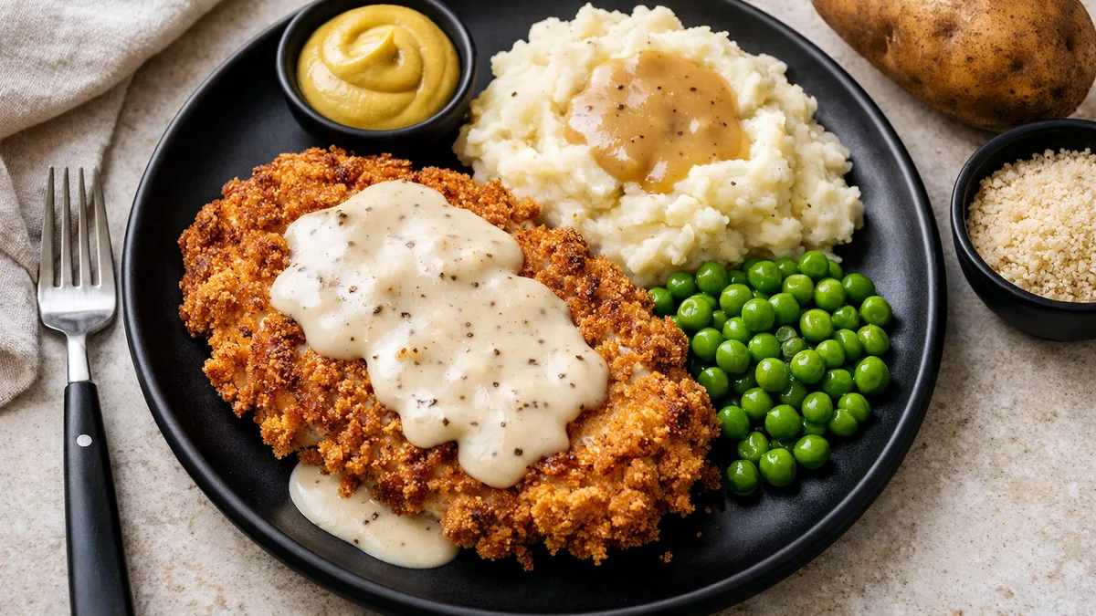 Homestyle Chicken Fried Steak with Mashed Potatoes, Peas, and Gravy