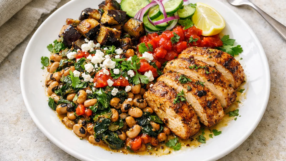 Israeli Black Eyed Peas with Fenugreek, Roasted Eggplant, and Feta