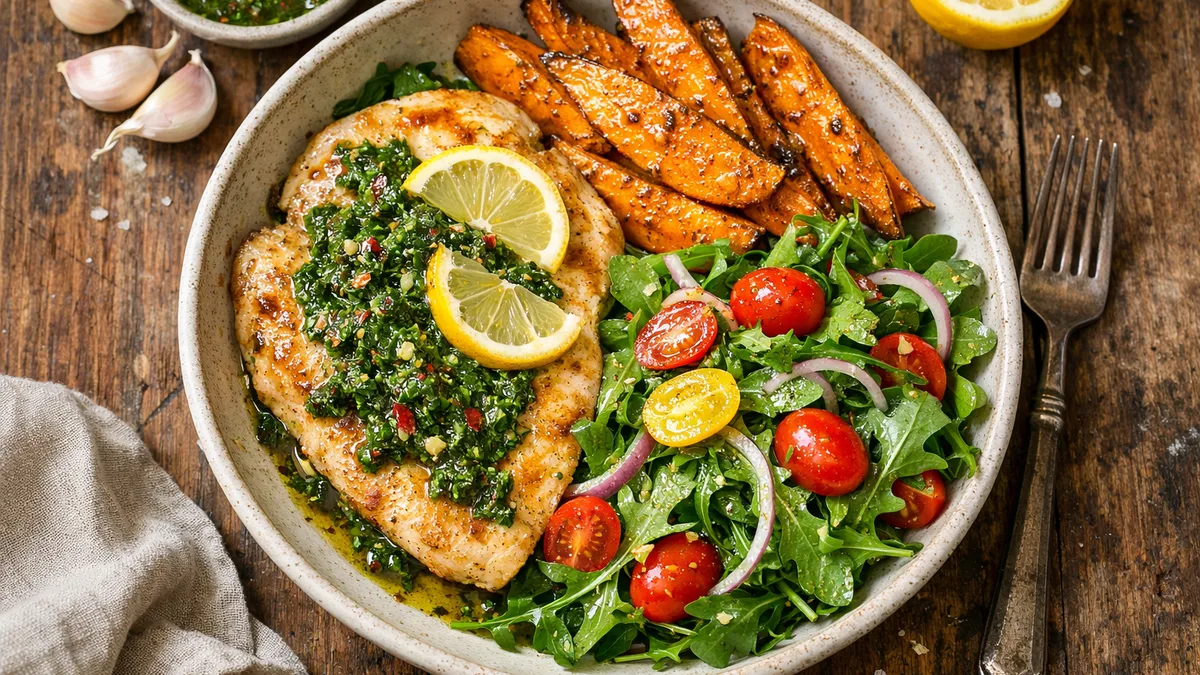 Lemony Chicken Paillard with Sweet Potato Wedges, Arugula Salad, and Chimichurri