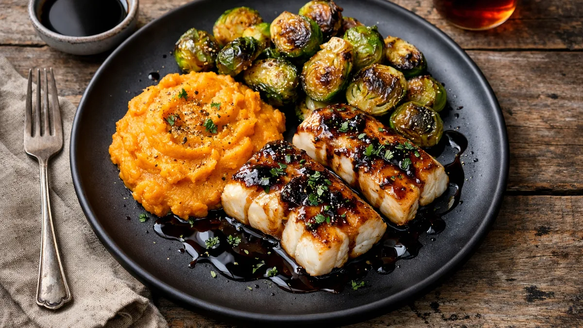 Maple-Balsamic Glazed Cod with Butternut Mash & Roasted Brussels Sprouts