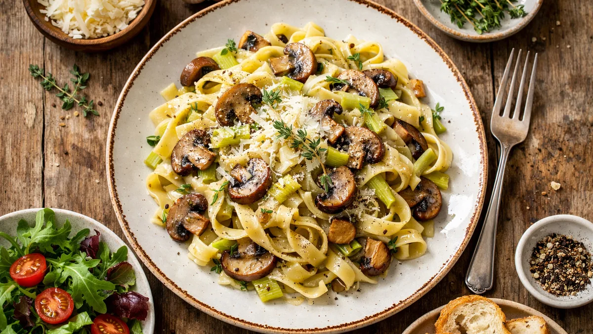 Mushroom and Leek Tagliatelle with Thyme, Garlic, and Parmesan