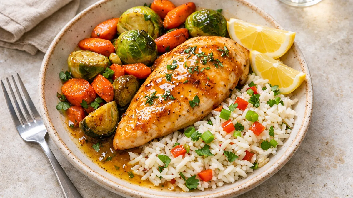 Oven-Roasted Chicken with Winter Vegetables, Basmati Rice, and Lemon-Thyme Pan Sauce