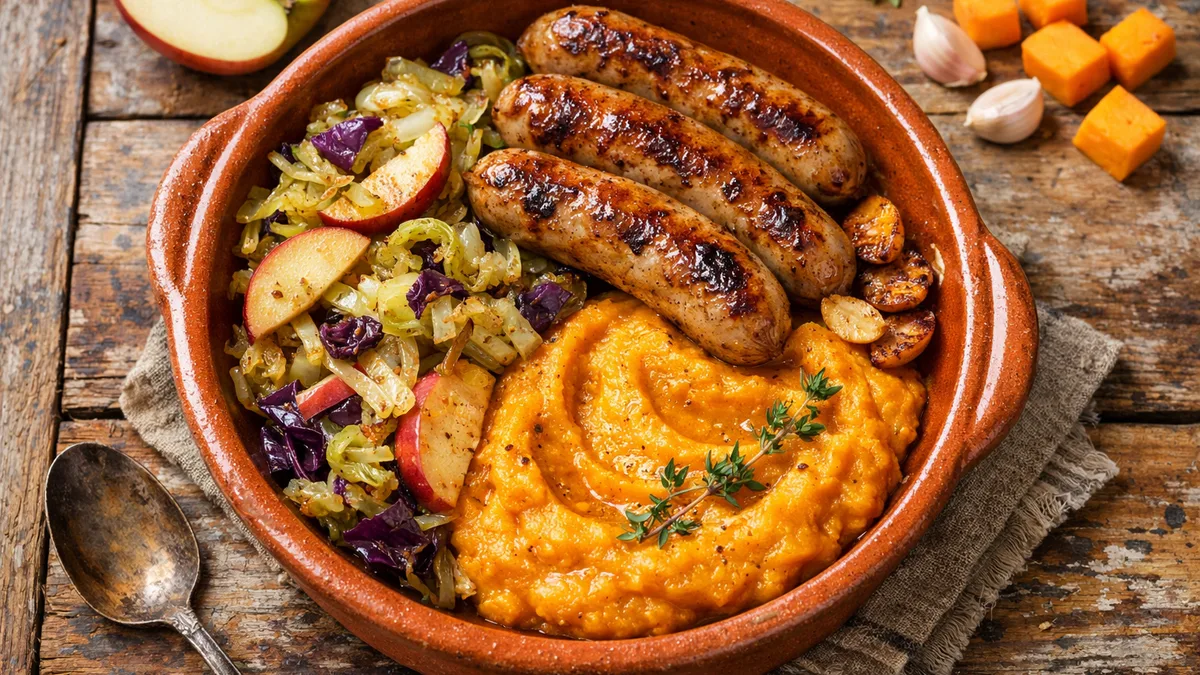 Pan-Seared Chicken Sausage with Tangy Cabbage and Butternut Squash-Apple Puree