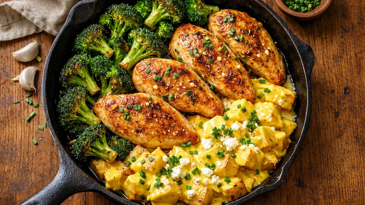 Pan-Seared Garlic Chicken with Crispy Broccoli and Potatoes Huancaina