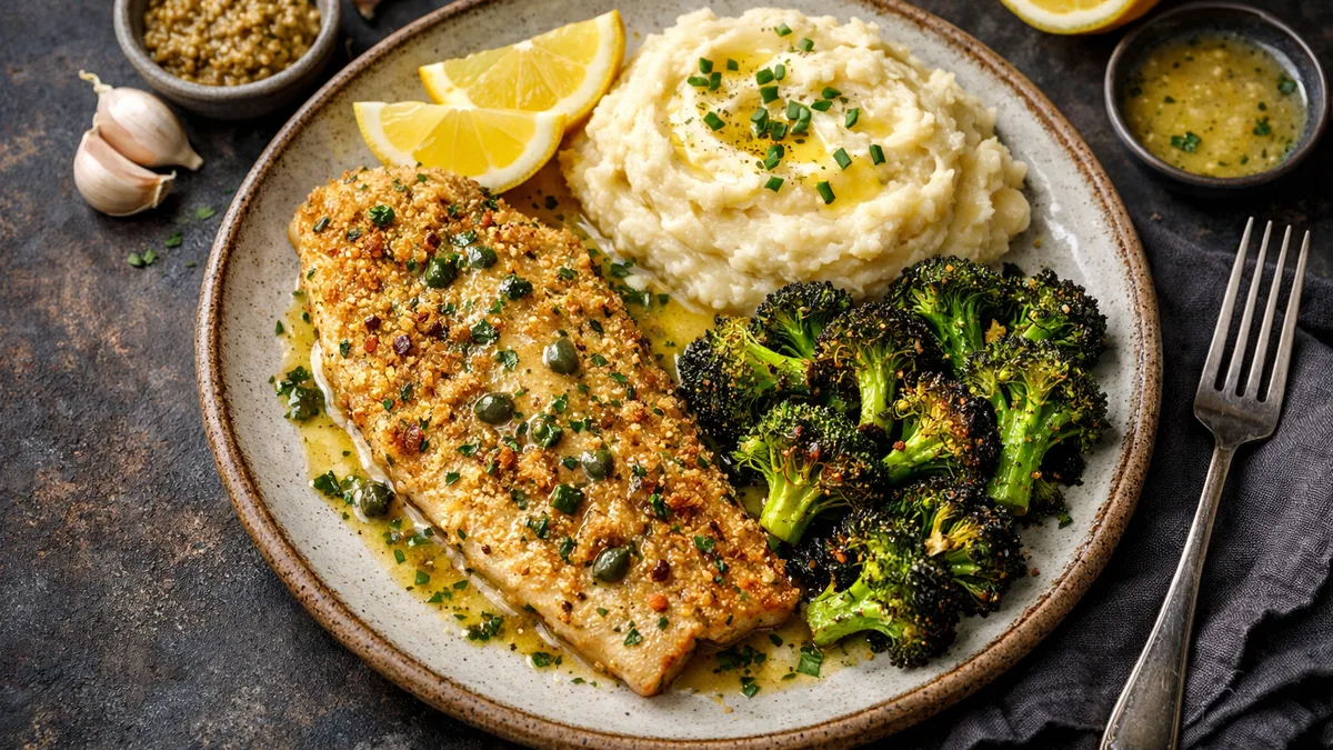 Panko-Crusted Trout with Lemon-Butter Sauce, Parsnip Mash, and Crispy Broccoli
