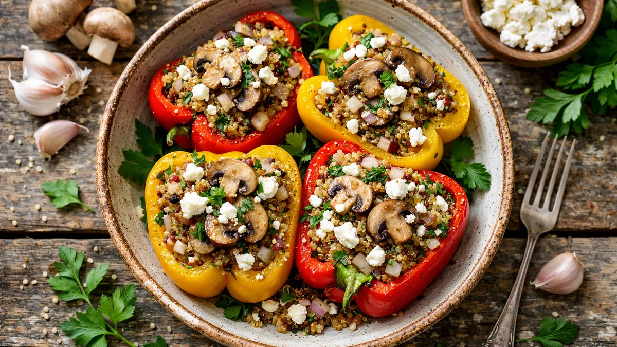 Quinoa-Stuffed Peppers with Feta Cheese, Mushrooms, and Shallot