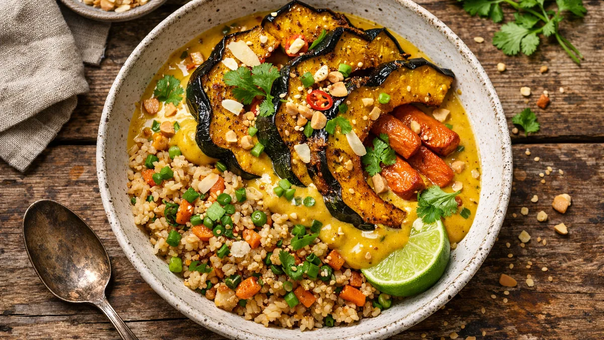 Roasted Acorn Squash & Coconut-Curry Sauce with Gingered Fried Rice
