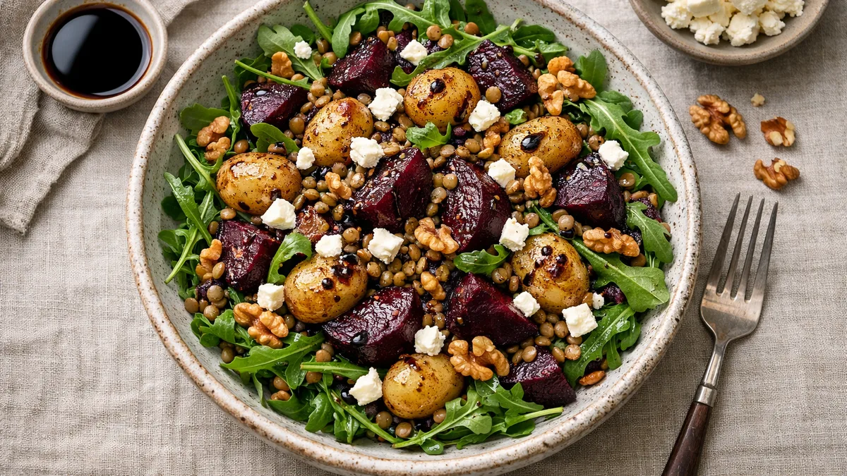 Roasted Beet and Lentil Salad with Feta Cheese, Arugula, and Walnuts