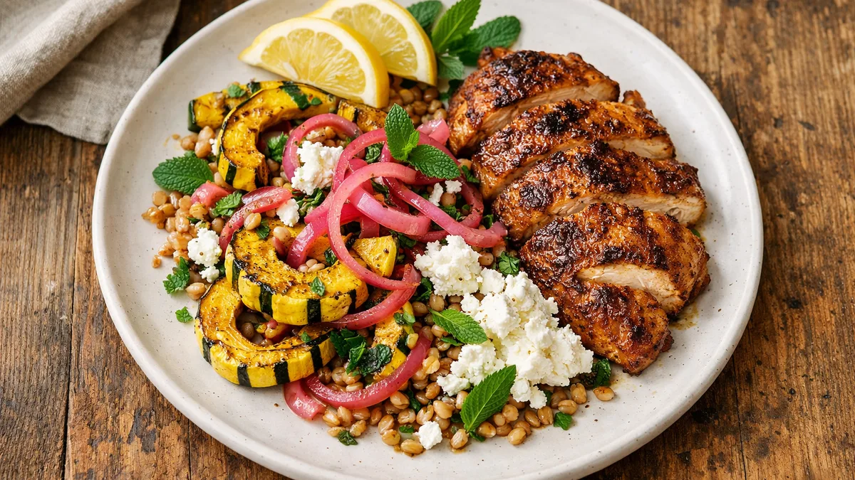 Roasted Delicata Squash with Wheatberries, Pickled Red Onion, and Fresh Ricotta