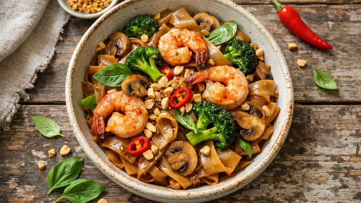 Shrimp Pad See Ew with Broccoli, Mushrooms, and Peanuts