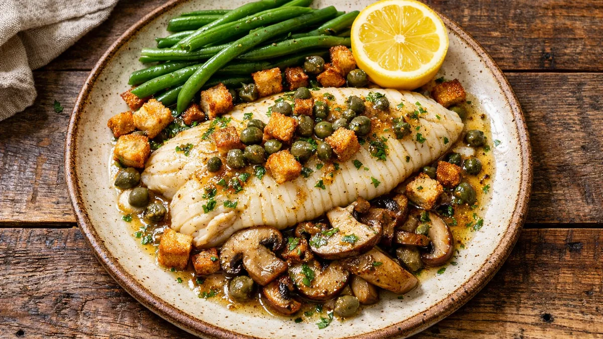 Sole en Papillote with Mushrooms, Croutons, and Brown-Butter Caper Sauce