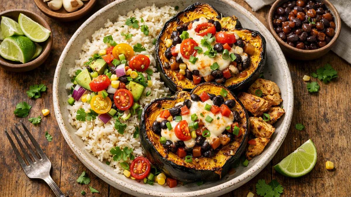 Southwestern-Stuffed Acorn Squash with Smoky Black Beans, Tomatoes, and Mozzarella