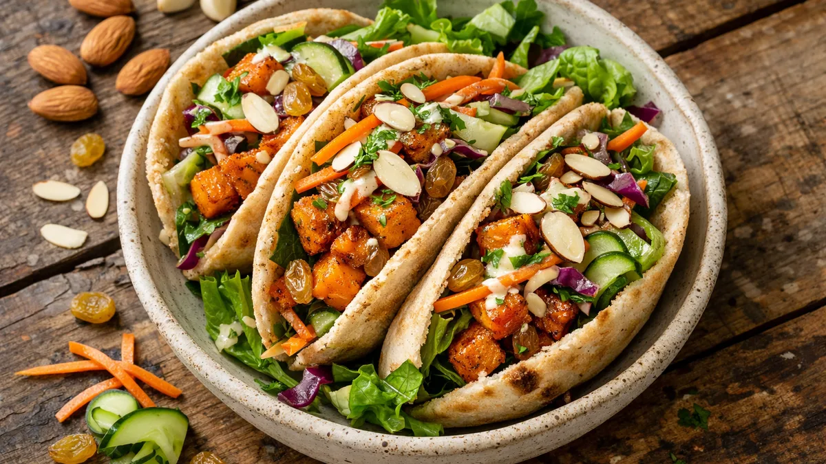 Sweet Potato Pita Wraps with Golden Raisins and Shaved Vegetable Salad