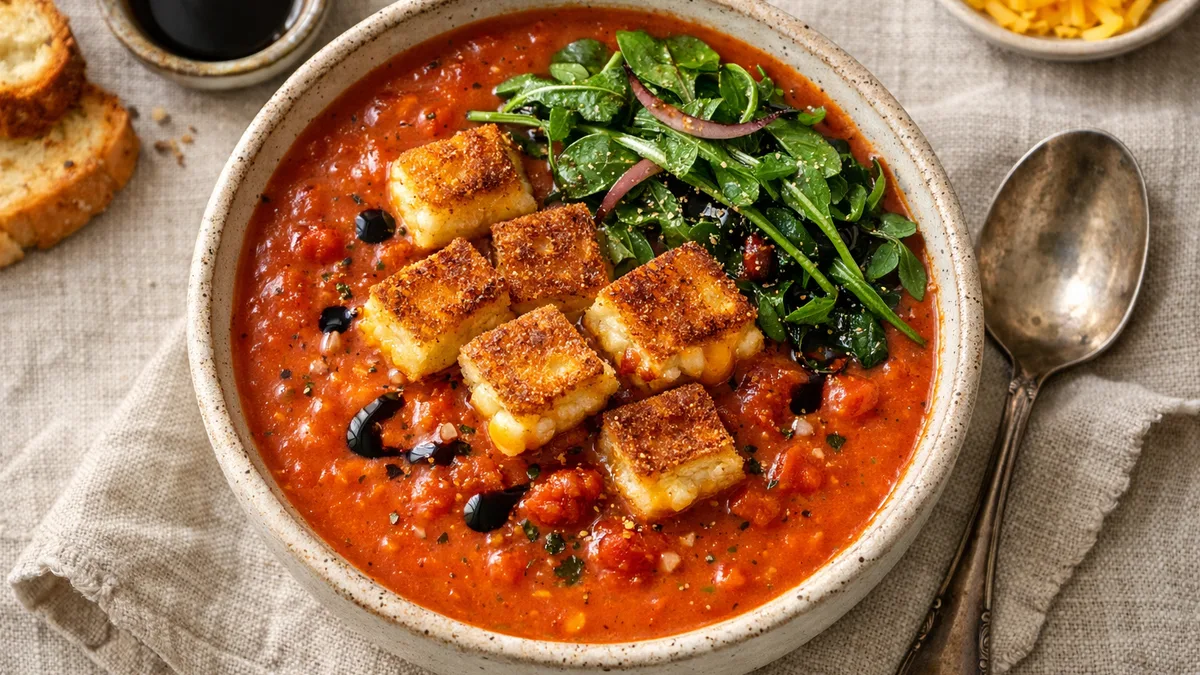 Tomato Bisque with Grilled Cheese Croutons and Balsamic Greens