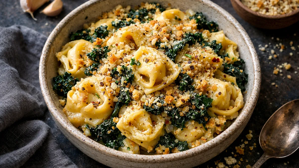Tortellini Gratin with Kale and Parmesan Breadcrumbs