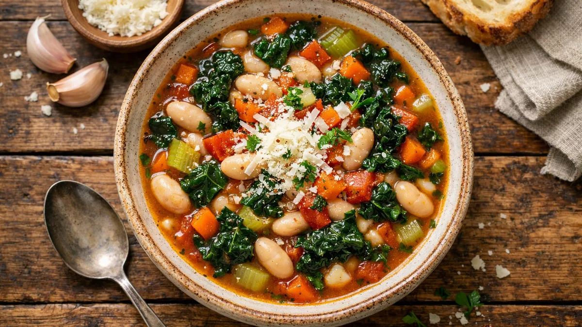 Vegetable Minestrone with Tuscan Kale, Cannellini Beans, and Parmesan