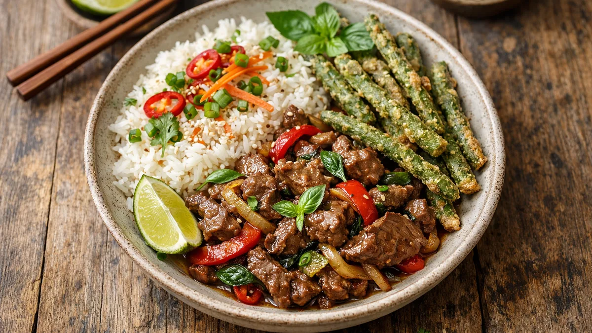 Vietnamese Beef Stir-Fry with Basil, Coconut Rice, and Crispy Green Beans
