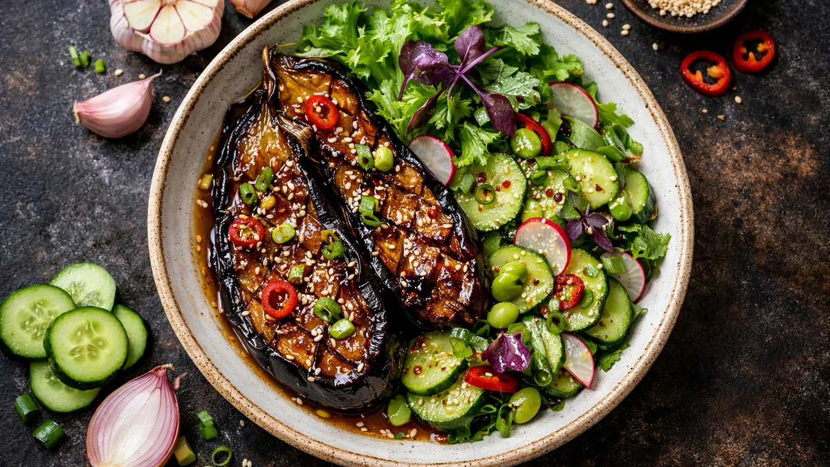 Aubergine laquée au miso, sauce soja & miel