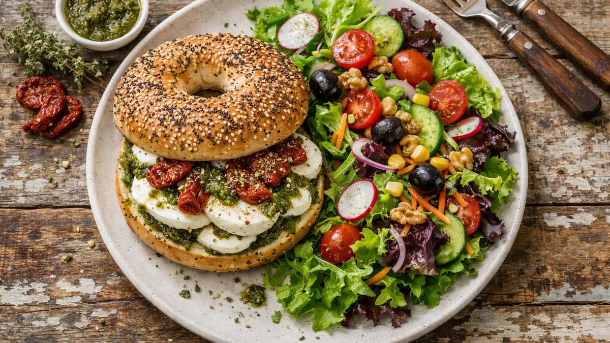 Bagel fior di latte, pesto & tomates séchées