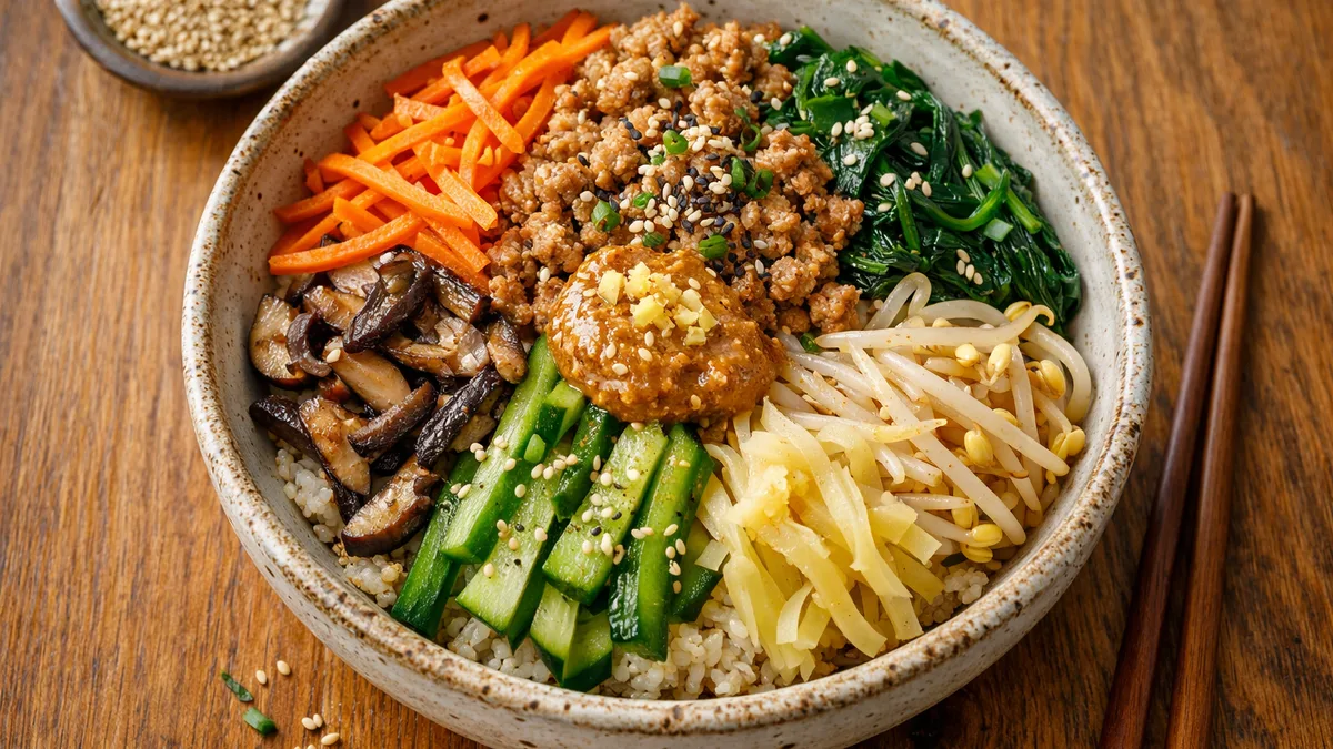 Bibimbap coréen porc haché aux six légumes