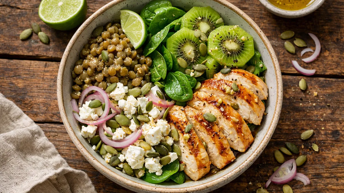 Bowl lentilles, poulet & kiwi