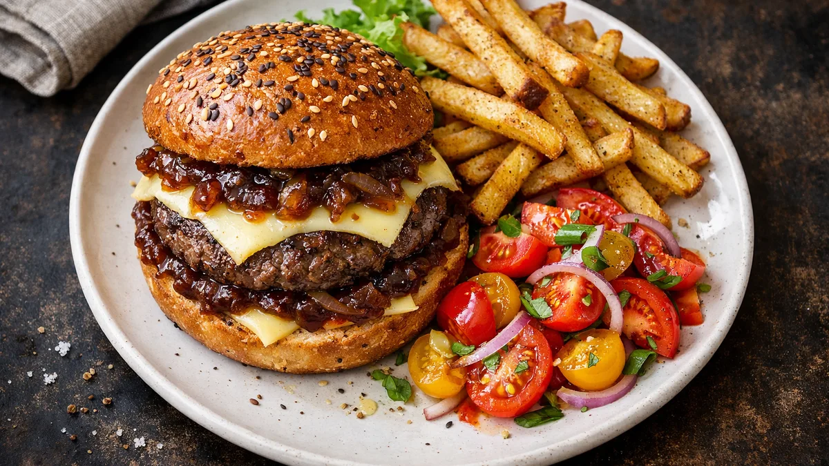 Burger de bœuf, emmental & oignons confits
