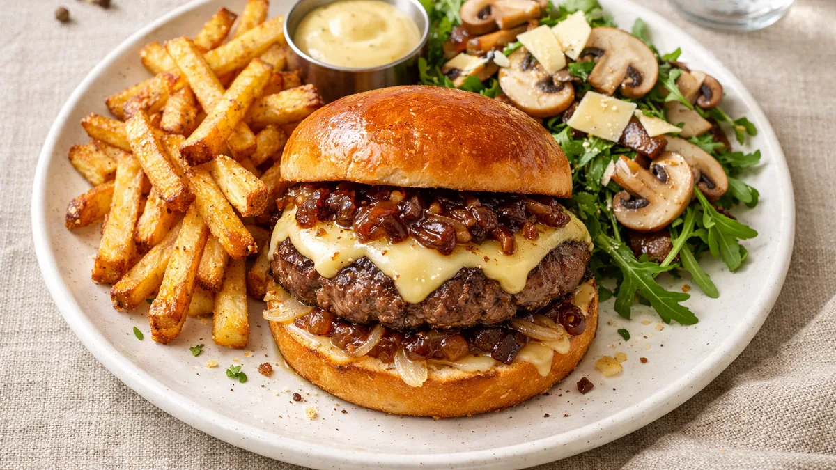Burger de bœuf, emmental & oignons confits