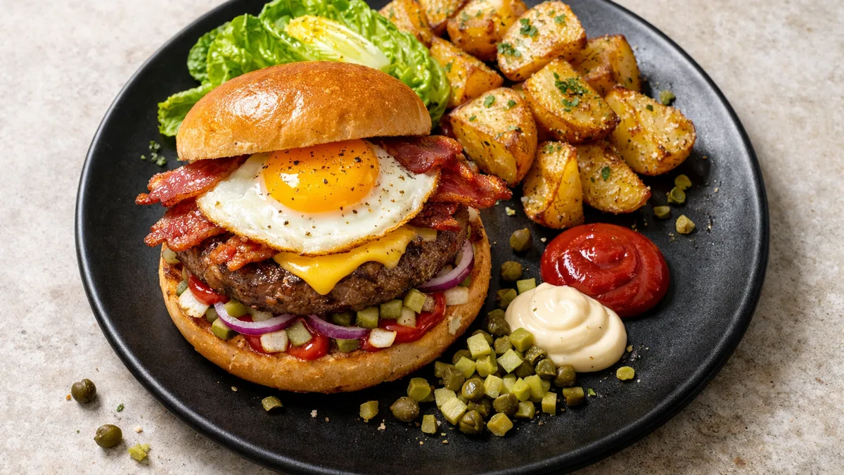 Burger de bœuf, œuf au plat & lard