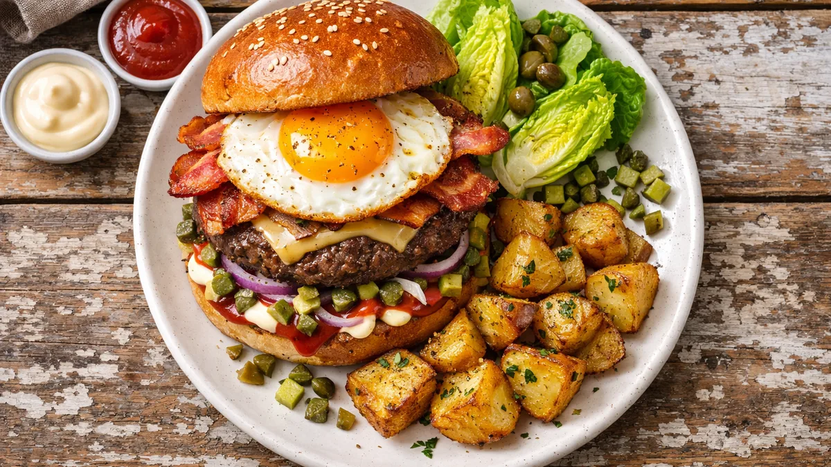 Burger de bœuf, œuf au plat & lard