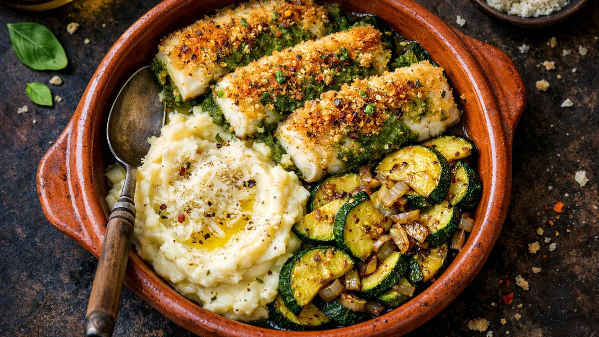 Cabillaud pané au pesto & purée