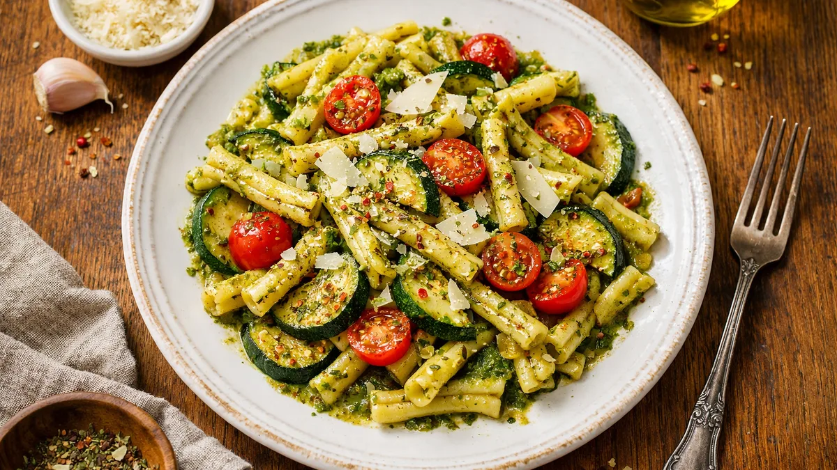 Casarecce au pesto verde et courgettes poêlées