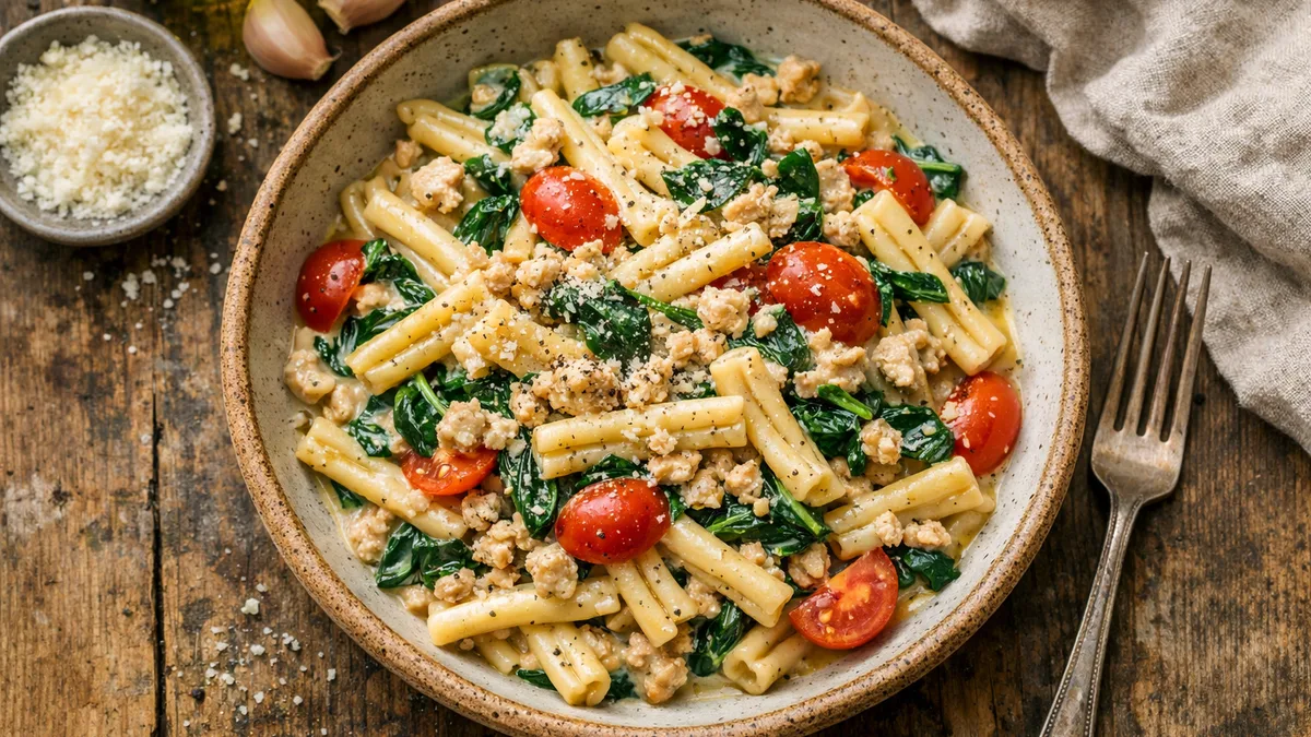 Casarecce au poulet haché et aux épinards