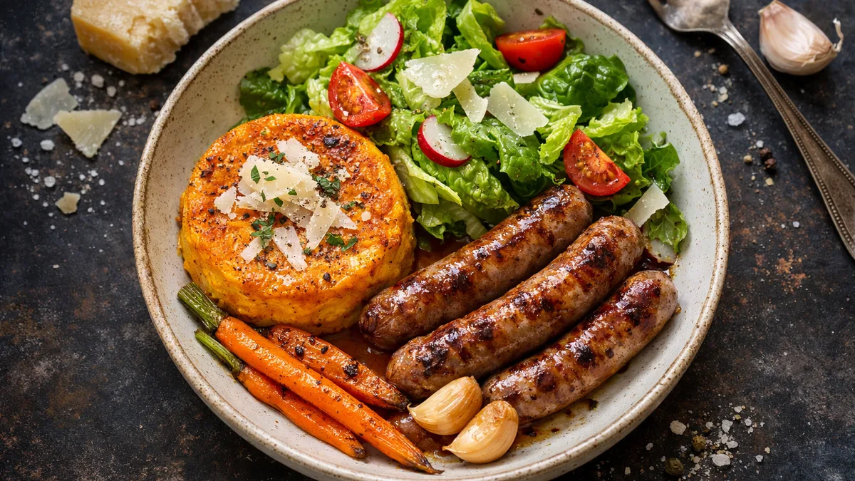Chipolatas & flan de carottes au parmesan