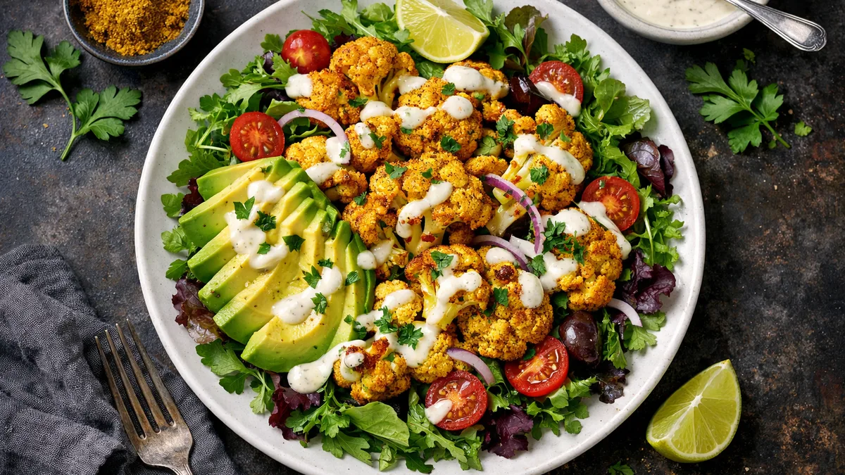 Chou-fleur rôti au curry & avocat en salade