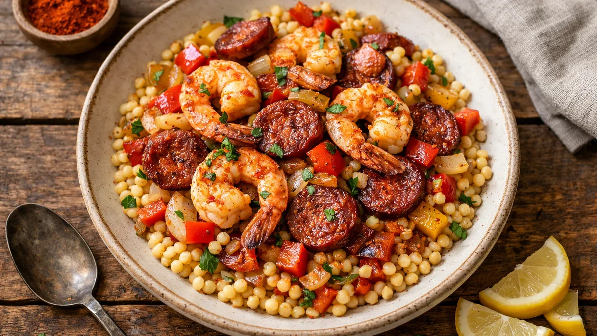 Couscous perlé, crevettes & chorizo
