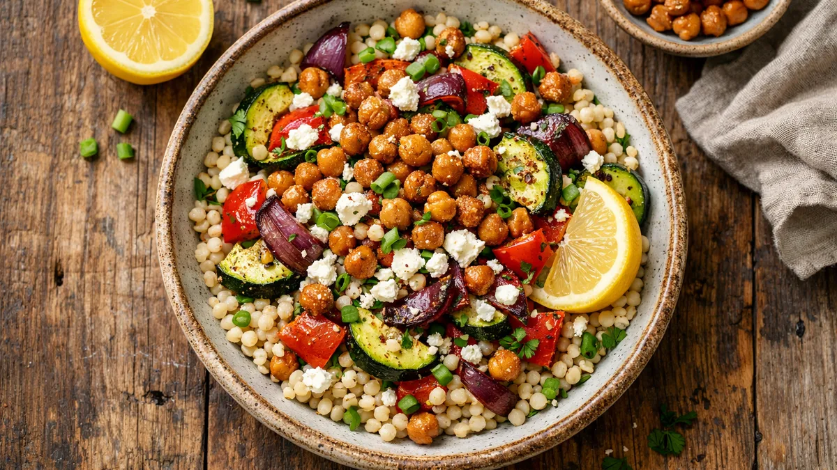 Couscous perlé aux pois chiches croquants et à la feta