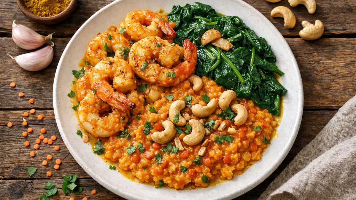 Crevettes & lentilles corail façon Dahl