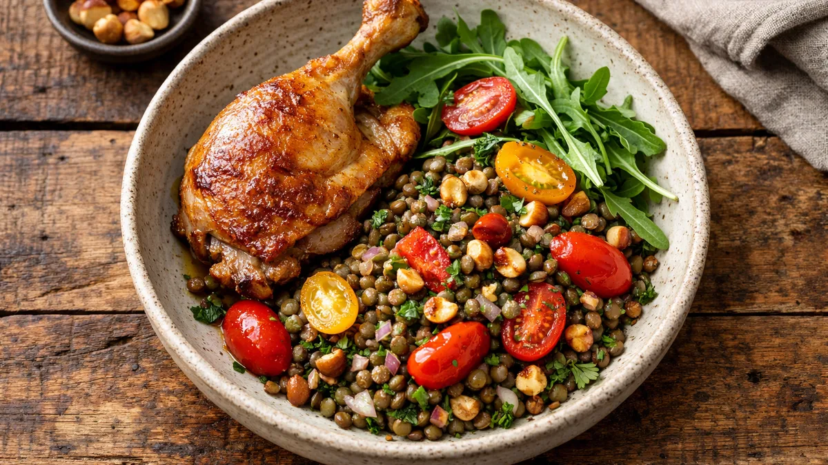 Cuisse de poulet confite et salade de lentilles à la française