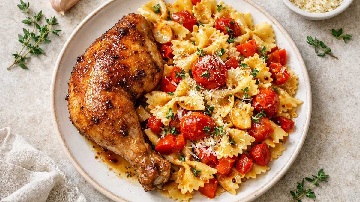 Cuisse de poulet & farfalle aux tomates rôties