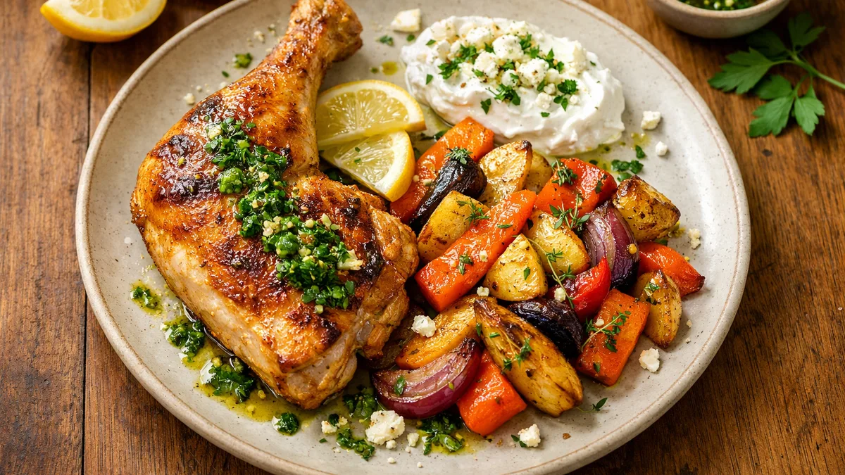 Cuisse de poulet & méli-mélo de légumes rôtis