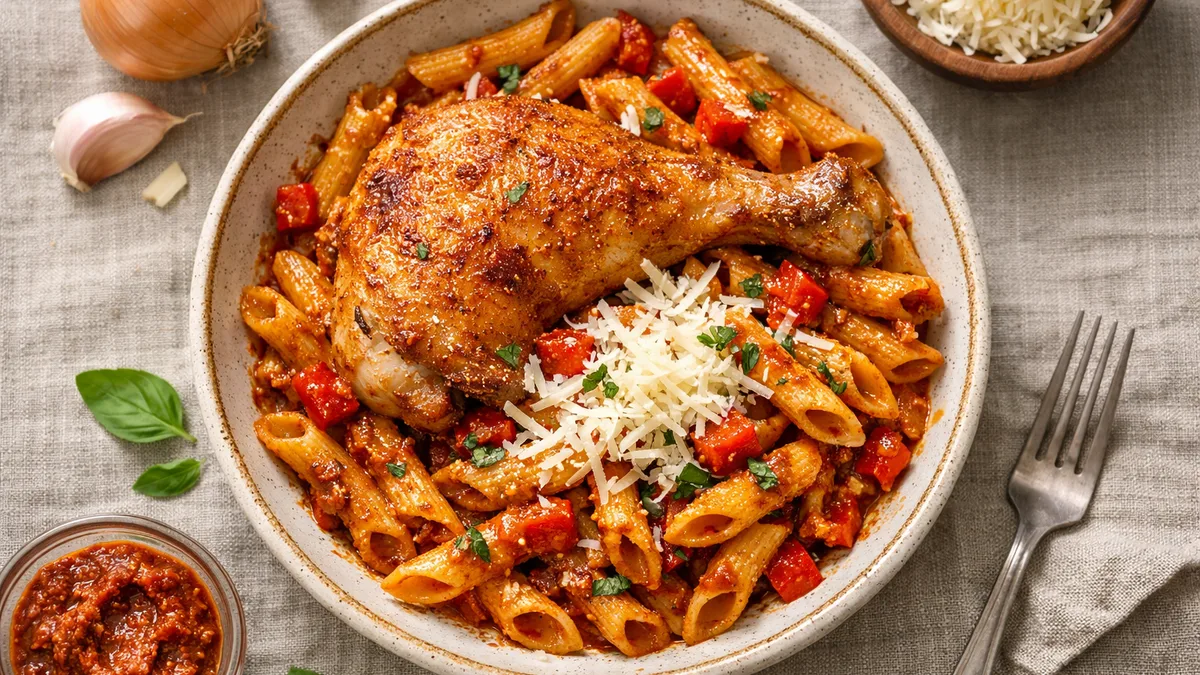 Cuisse de poulet, penne & pesto rosso
